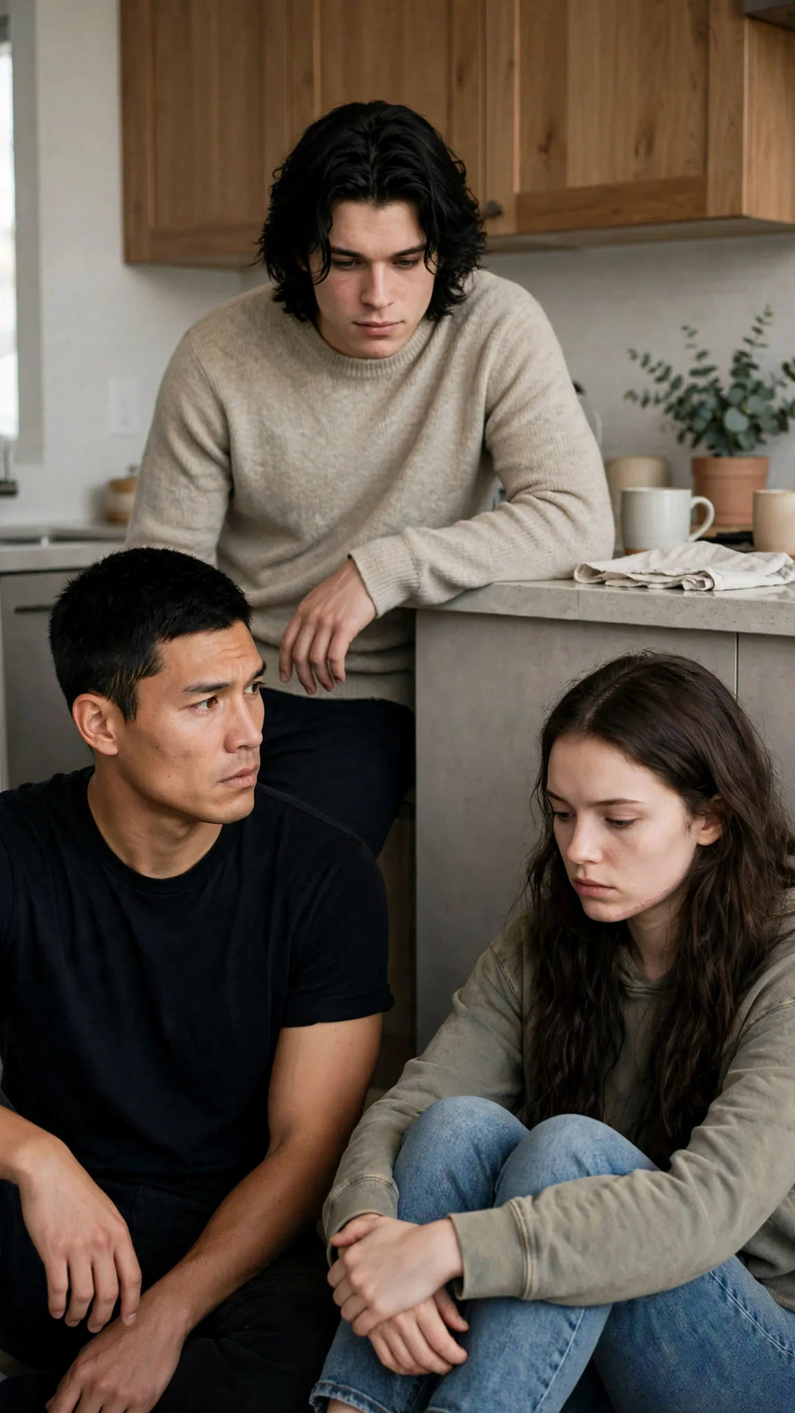 Cato sits on the kitchen floor while Finn leans on the counter.