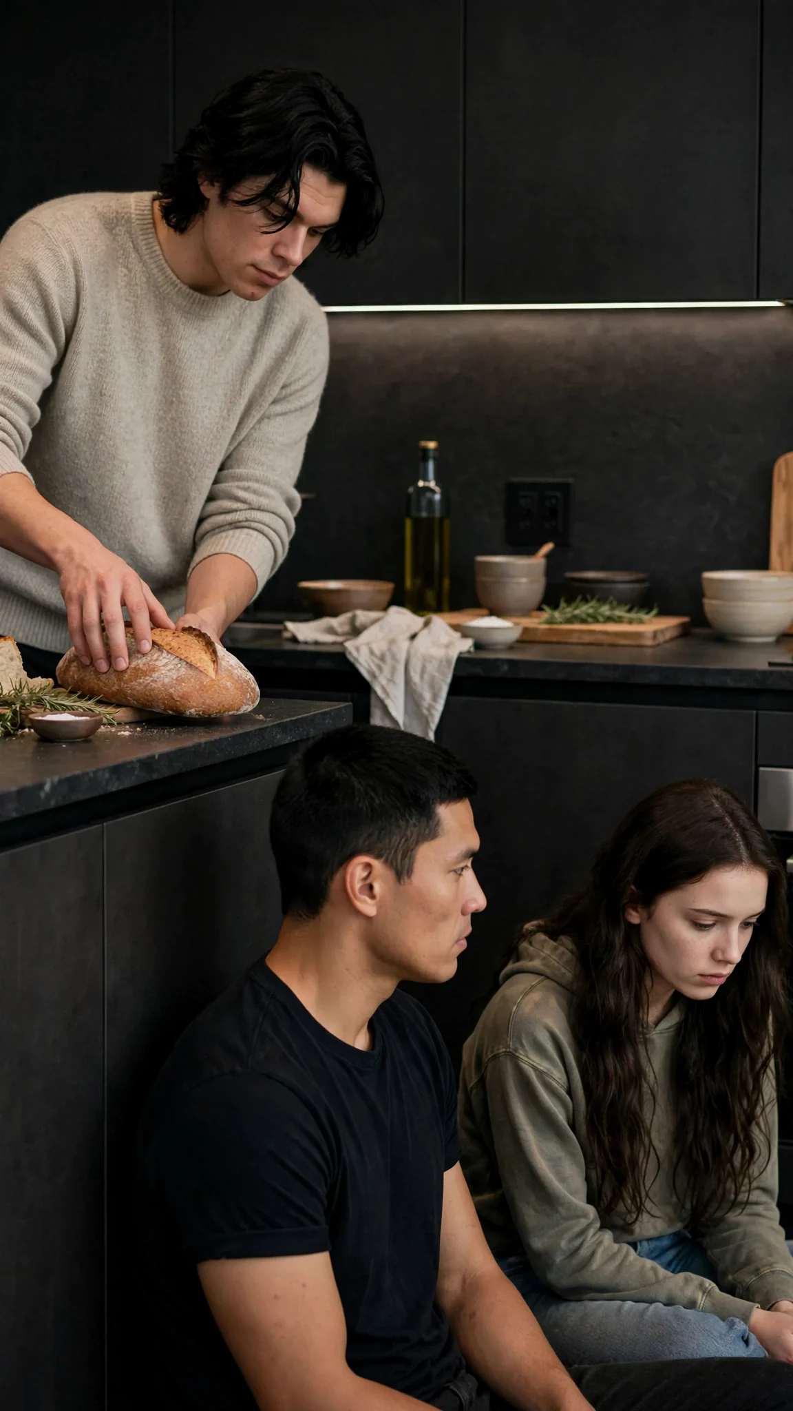 Finn reaches for bread while Cato watches Sienna.