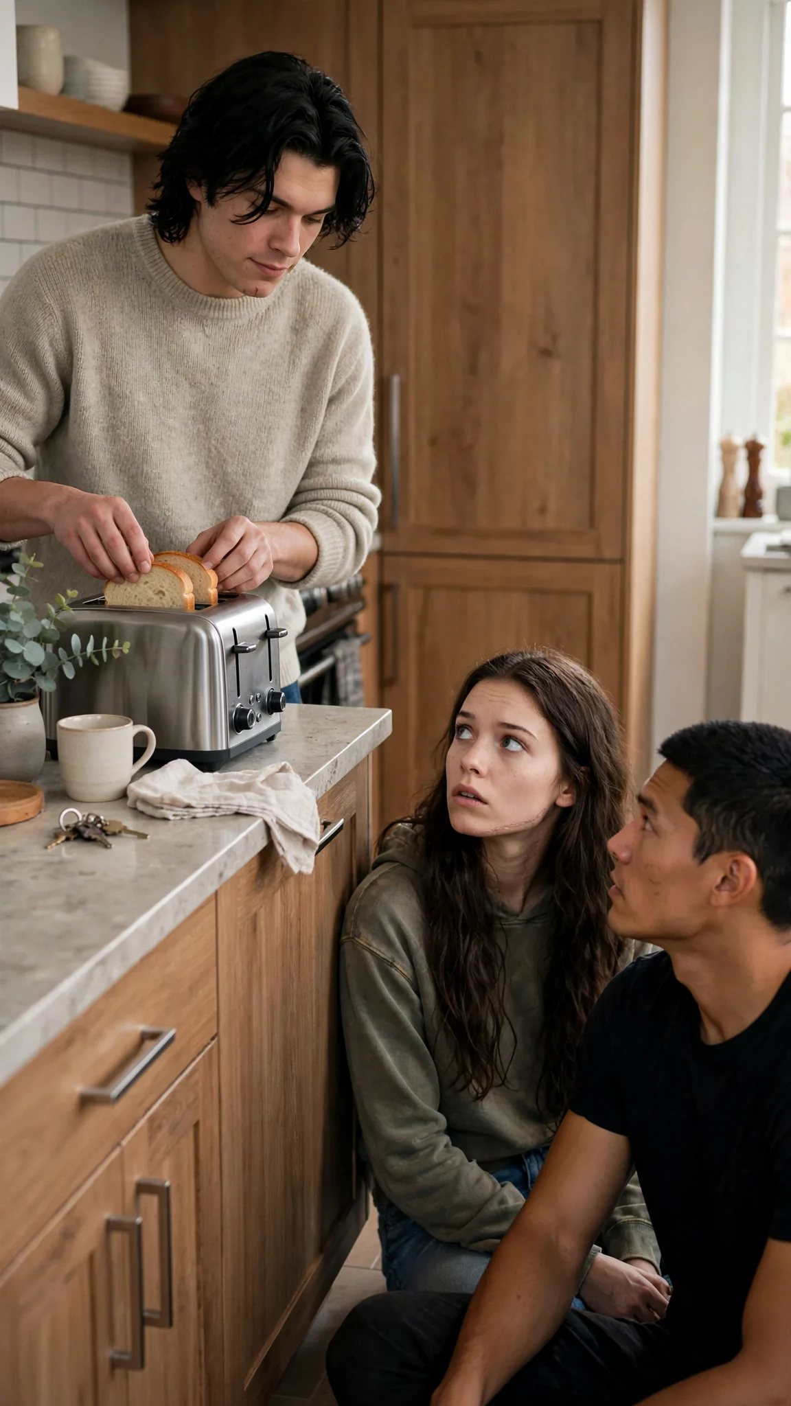 Finn puts bread in the toaster while Sienna watches.