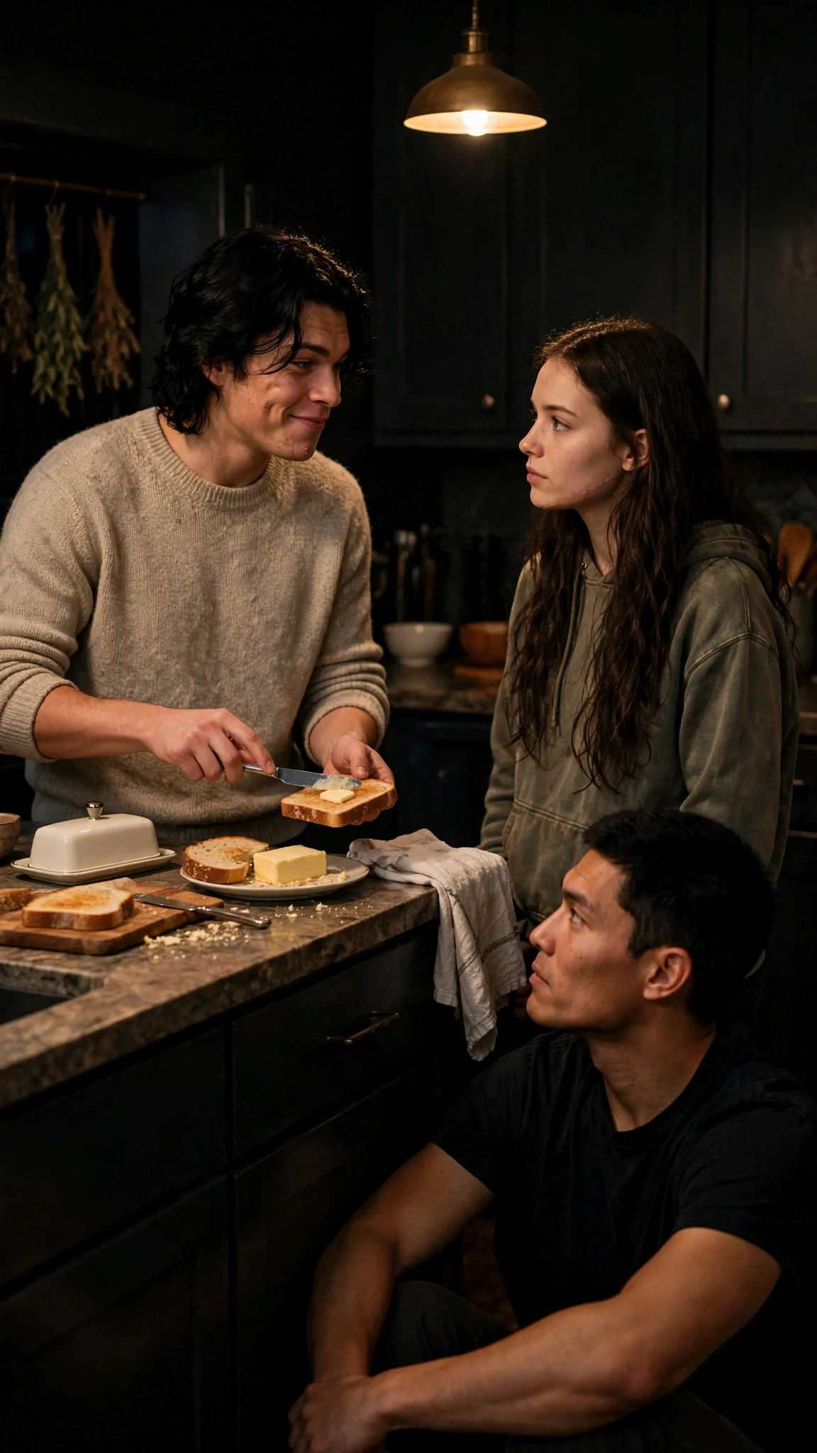 Finn butters toast and asks Sienna what she wants.