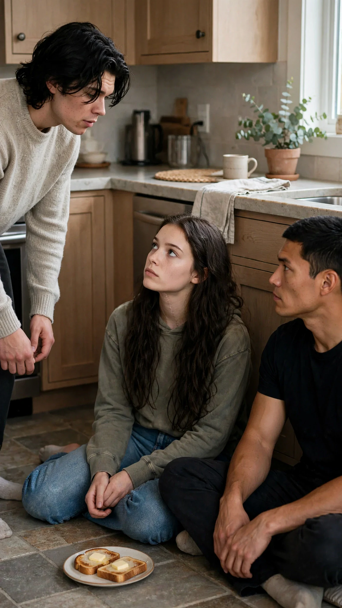 Finn sets a plate of toast on the floor near Sienna and steps back.