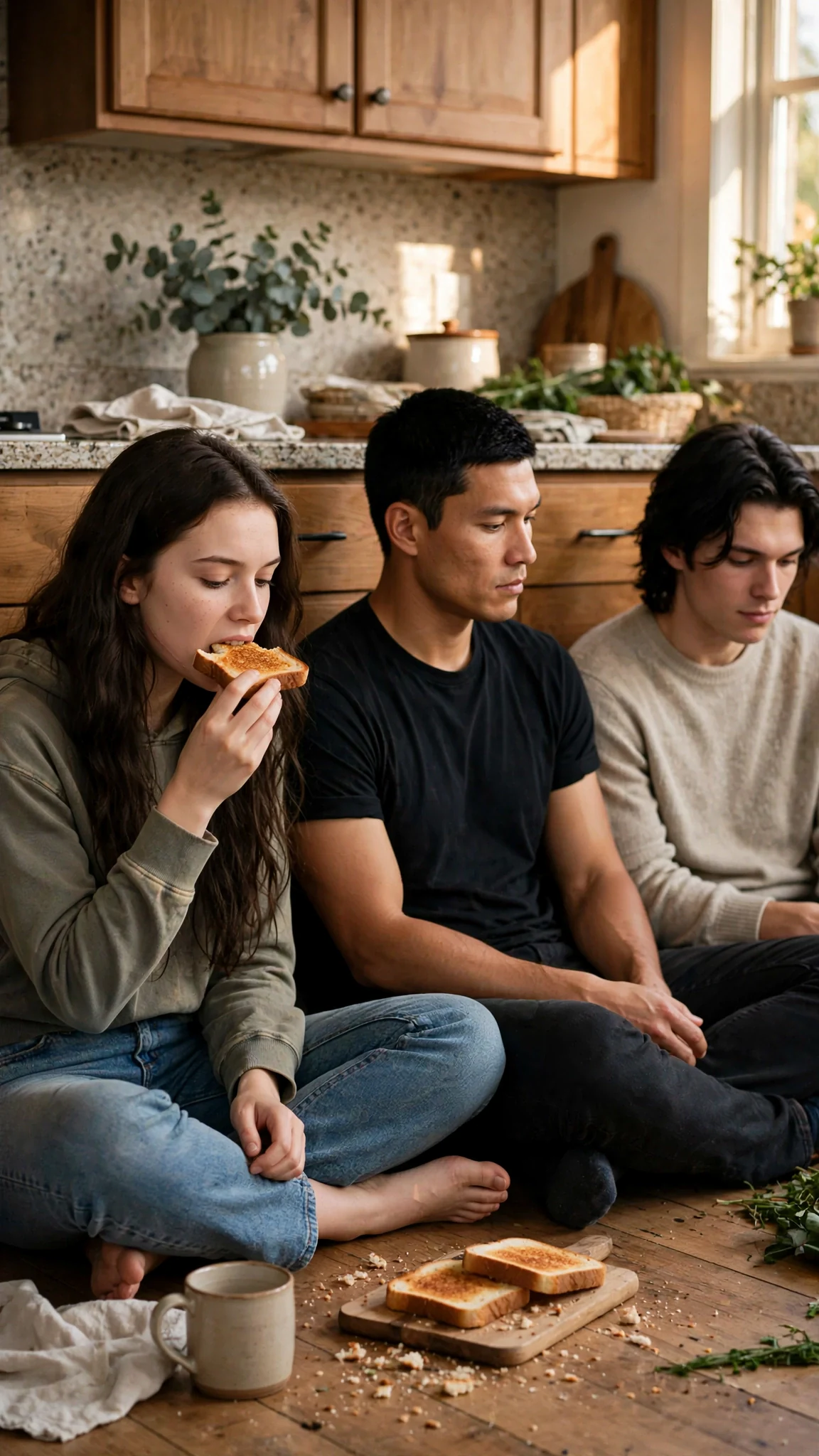 Sienna eats toast on the kitchen floor while Cato and Finn watch calmly.