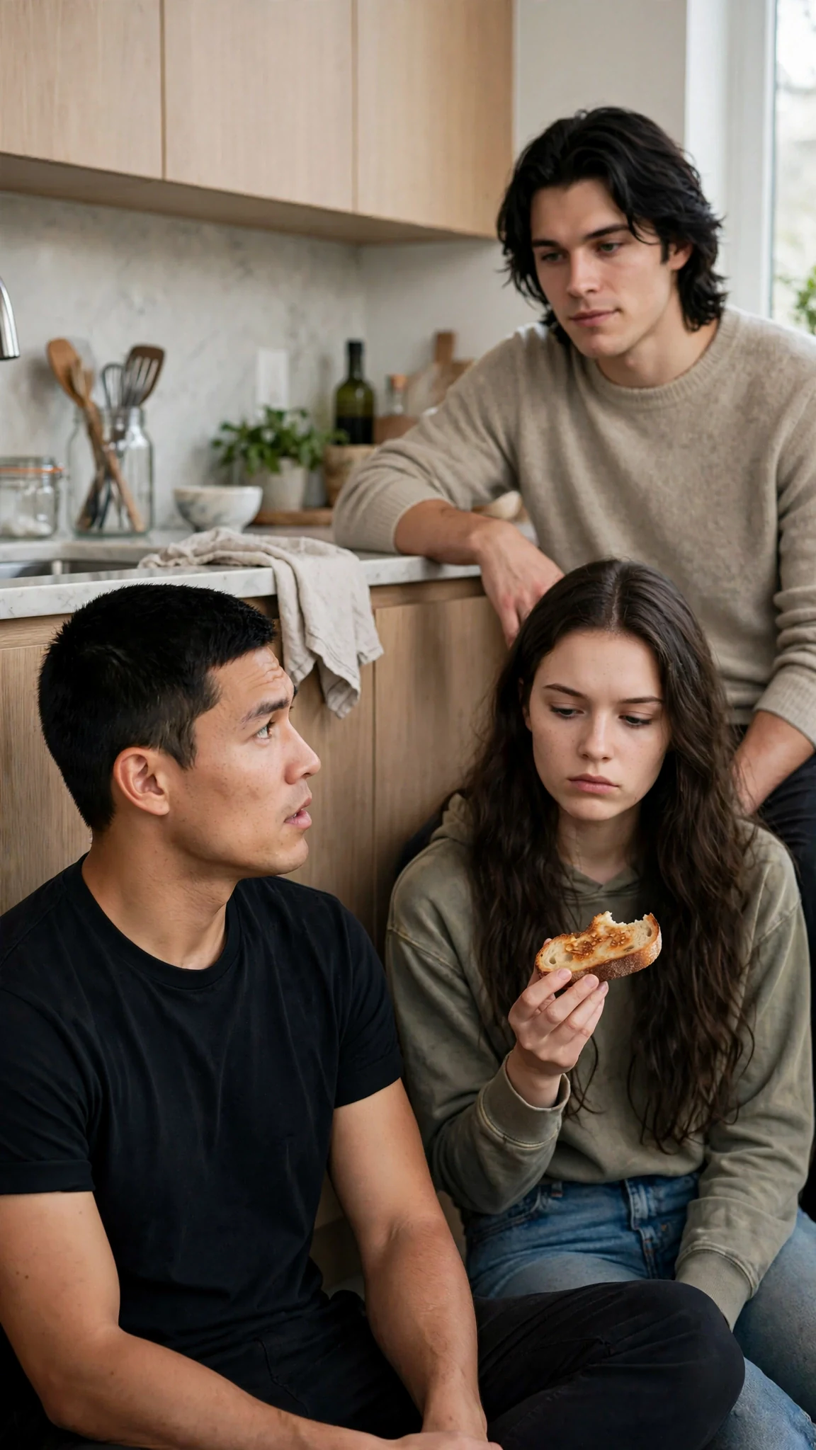 Cato asks Sienna about the nightmare while she holds her toast.
