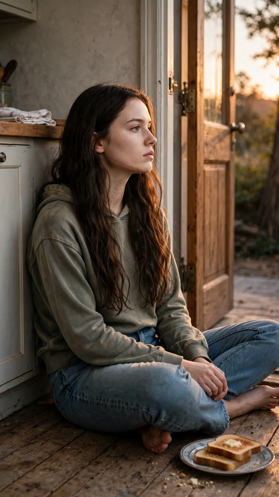 Sienna sits alone in the open kitchen doorway light with her toast.