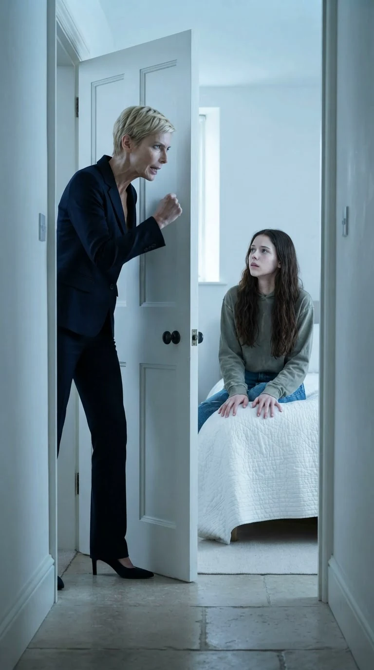 A forty-five year old blonde woman in a fitted suit pounds on a bedroom door while a young woman sits on the bed in a hoodie.
