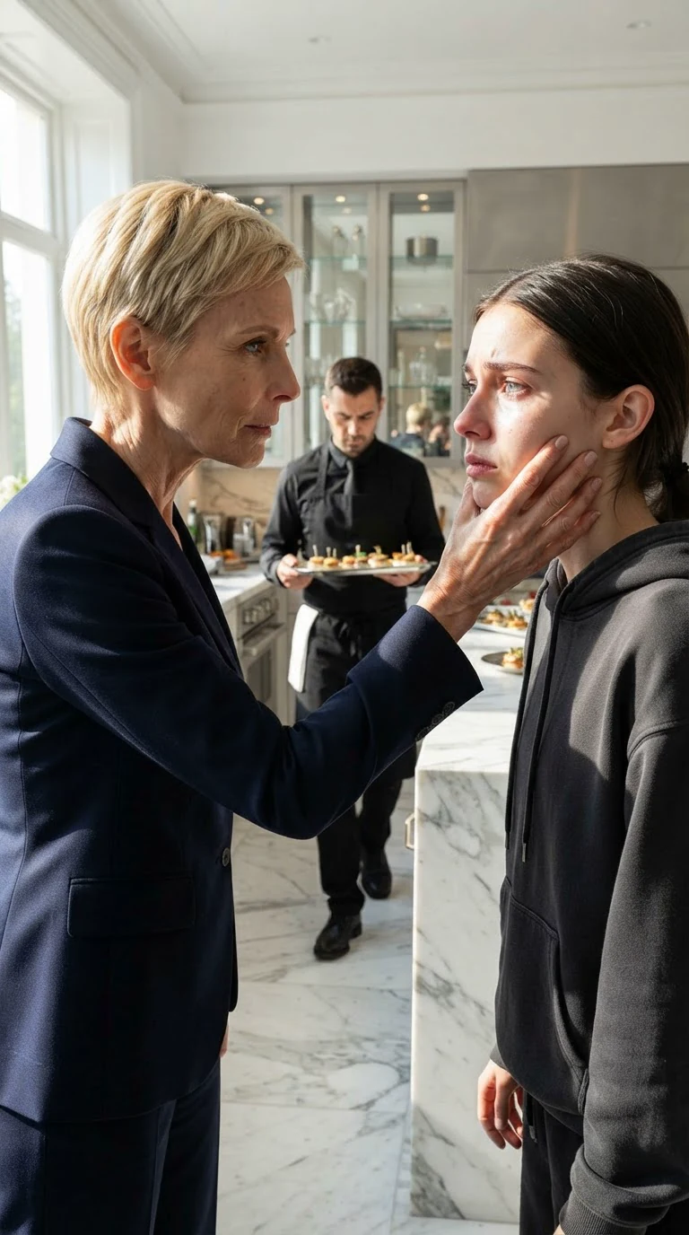 A blonde woman grips a young woman's jaw in a bright kitchen while staff look away.