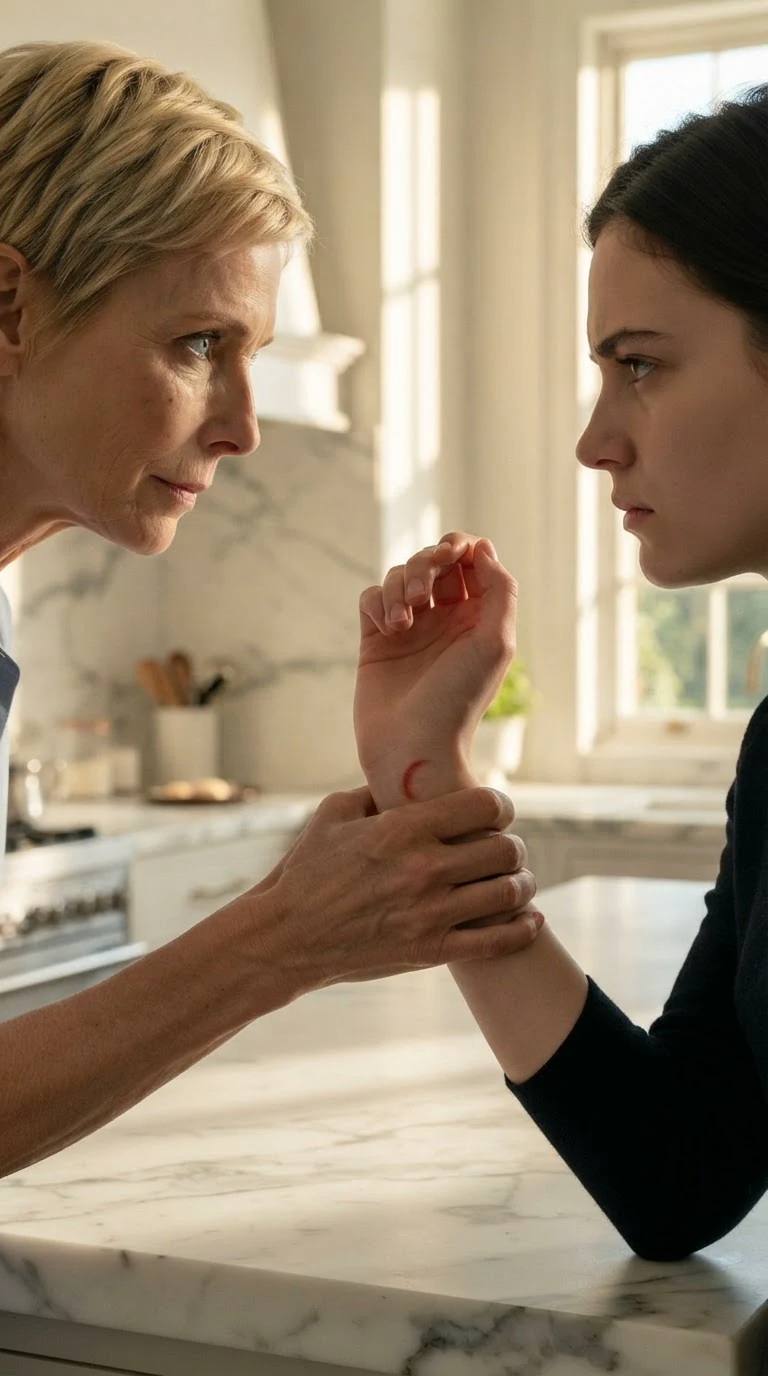 Close shot of a blonde woman's fingers leaving red marks on a young woman's arm as she speaks low and hard.