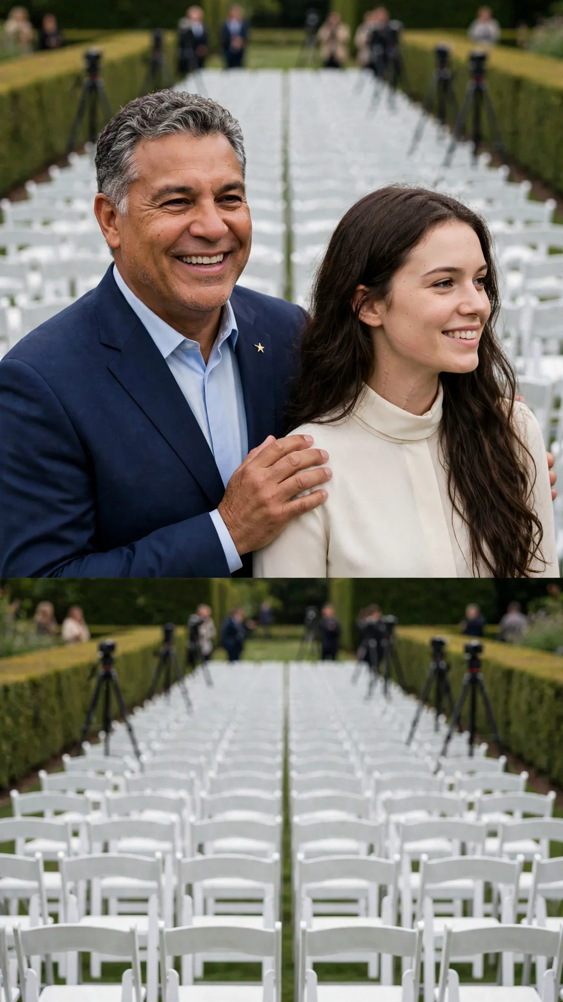 A silver-tempered older man in a navy suit rests a heavy hand on a young woman's shoulder in a garden full of press chairs.