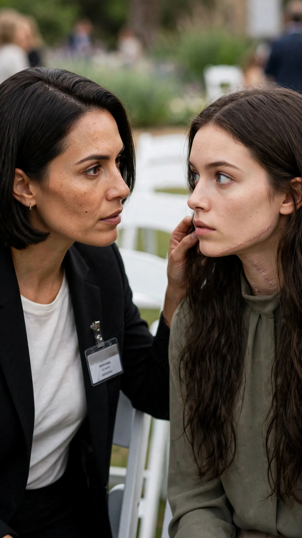 A sharp-faced reporter with a press badge reaches toward a young woman's hair in the garden.