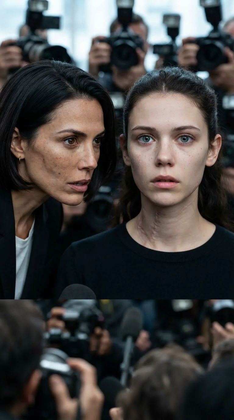 Close on a young woman's pale scarred jaw as a row of cameras lifts behind her.