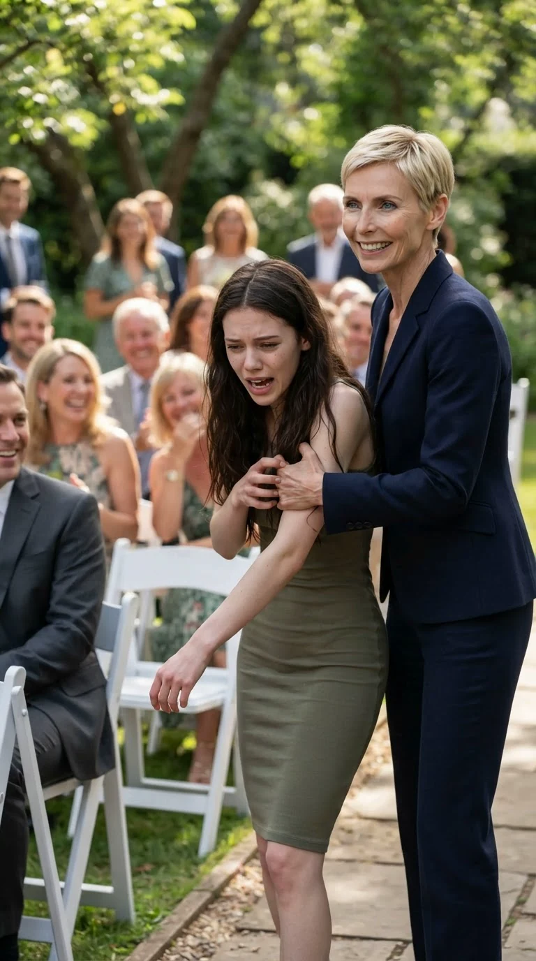 A blonde woman in a suit twists a young woman's arm at a garden party while guests smile.