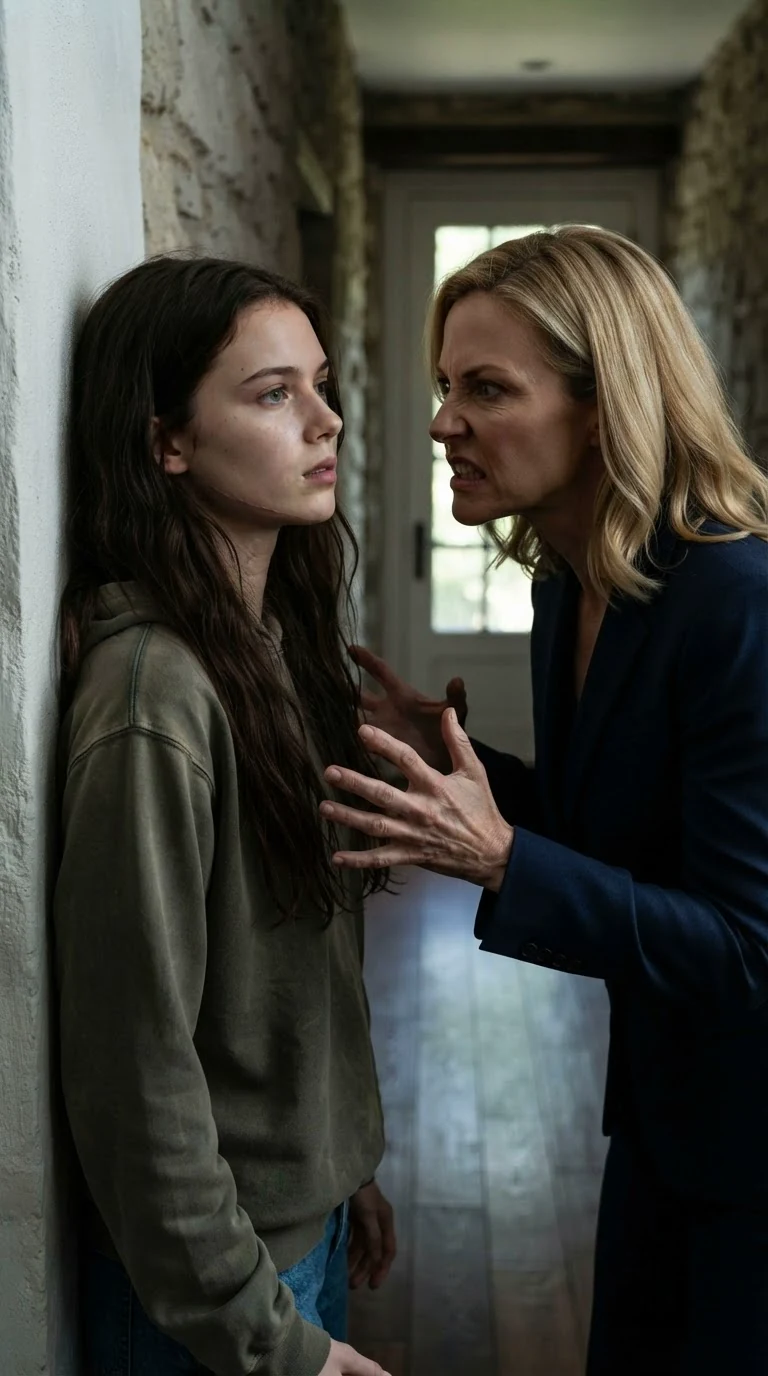 A young woman hits a hallway wall as a blonde woman shoves her, blood on her lip.