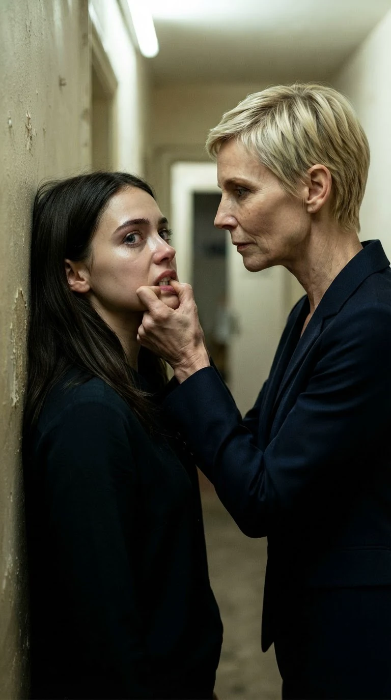 A blonde woman wipes blood from a young woman's chin with her thumb and pushes her mouth.