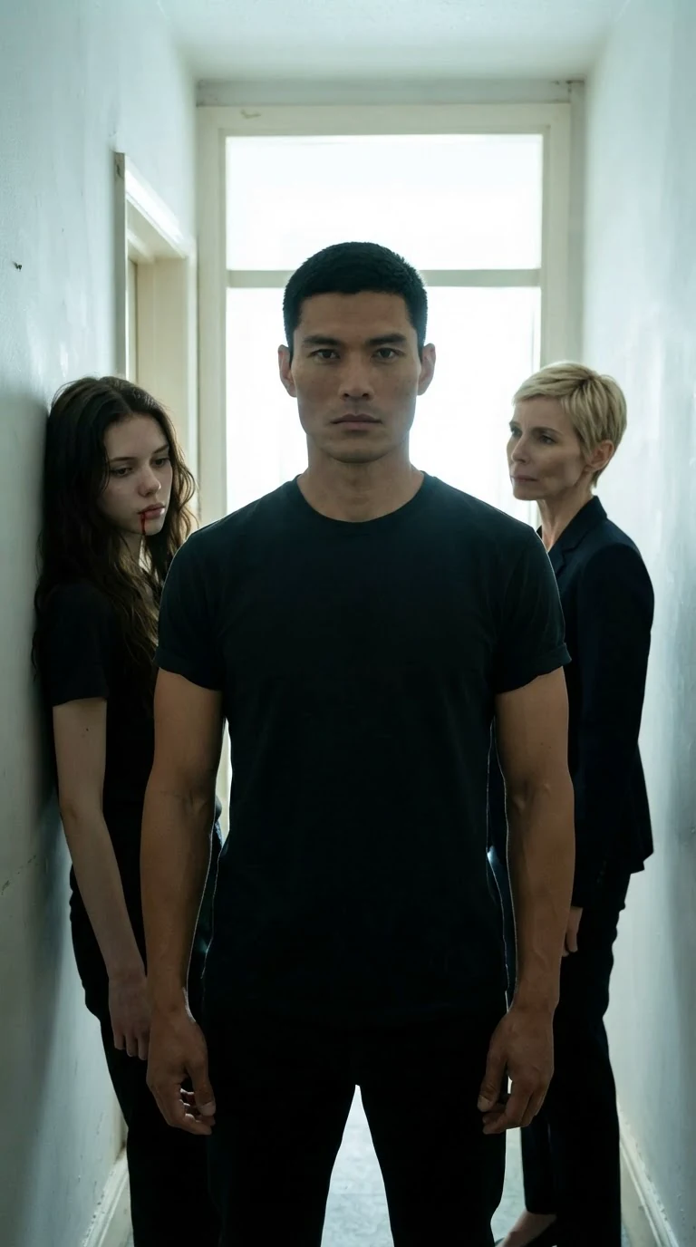 A tall dark-haired man in a dark T-shirt stands at the end of a hallway, jaw tight.