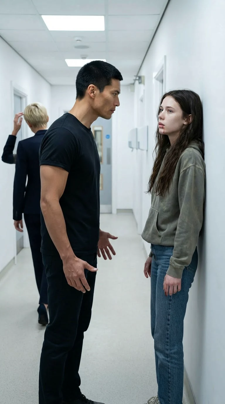 A young woman stands against a hallway wall with blood on her chin while a tall man holds still a few feet away.
