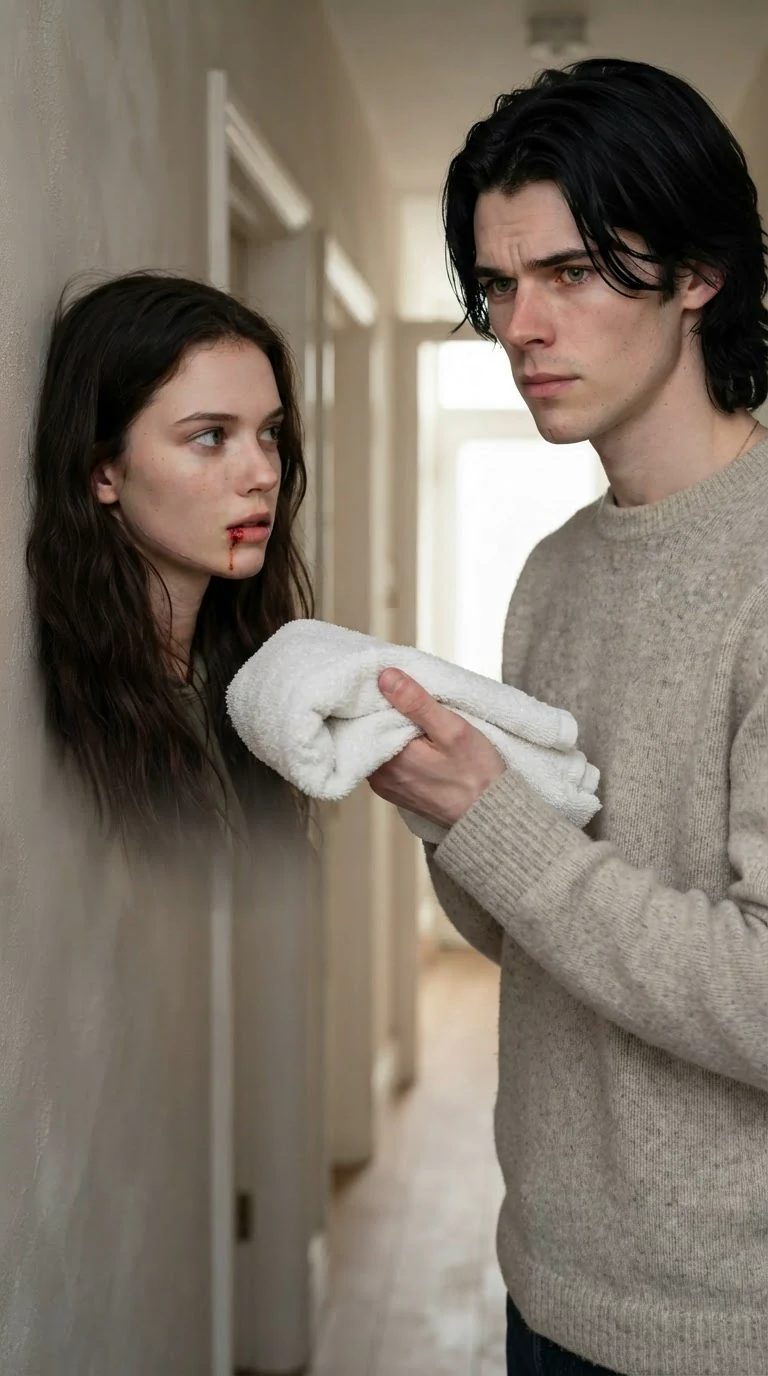 A gentle long-haired man holds out a folded white towel and stops two feet from a bleeding young woman.