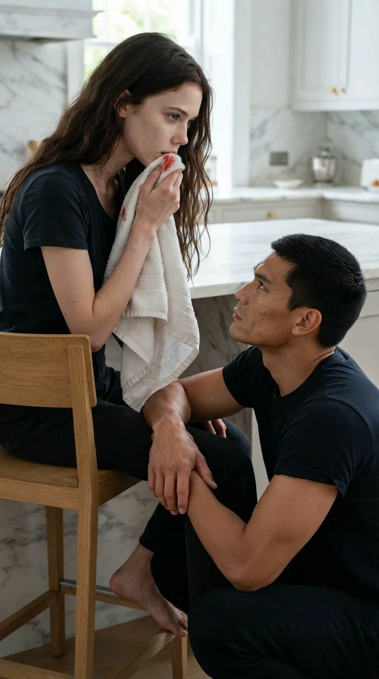 A tall dark-haired man crouches beside a kitchen chair where a young woman sits holding a towel to her mouth.