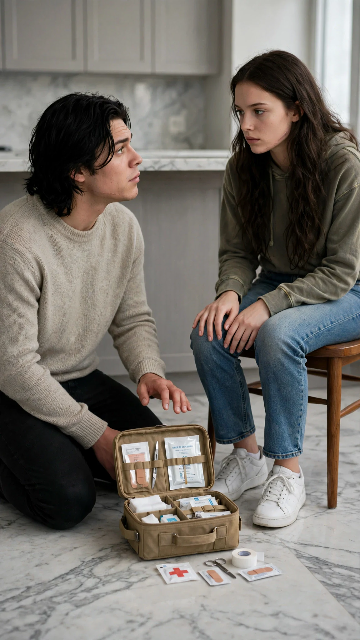 A green-eyed man kneels with a small first aid kit open on the floor between him and a seated young woman.