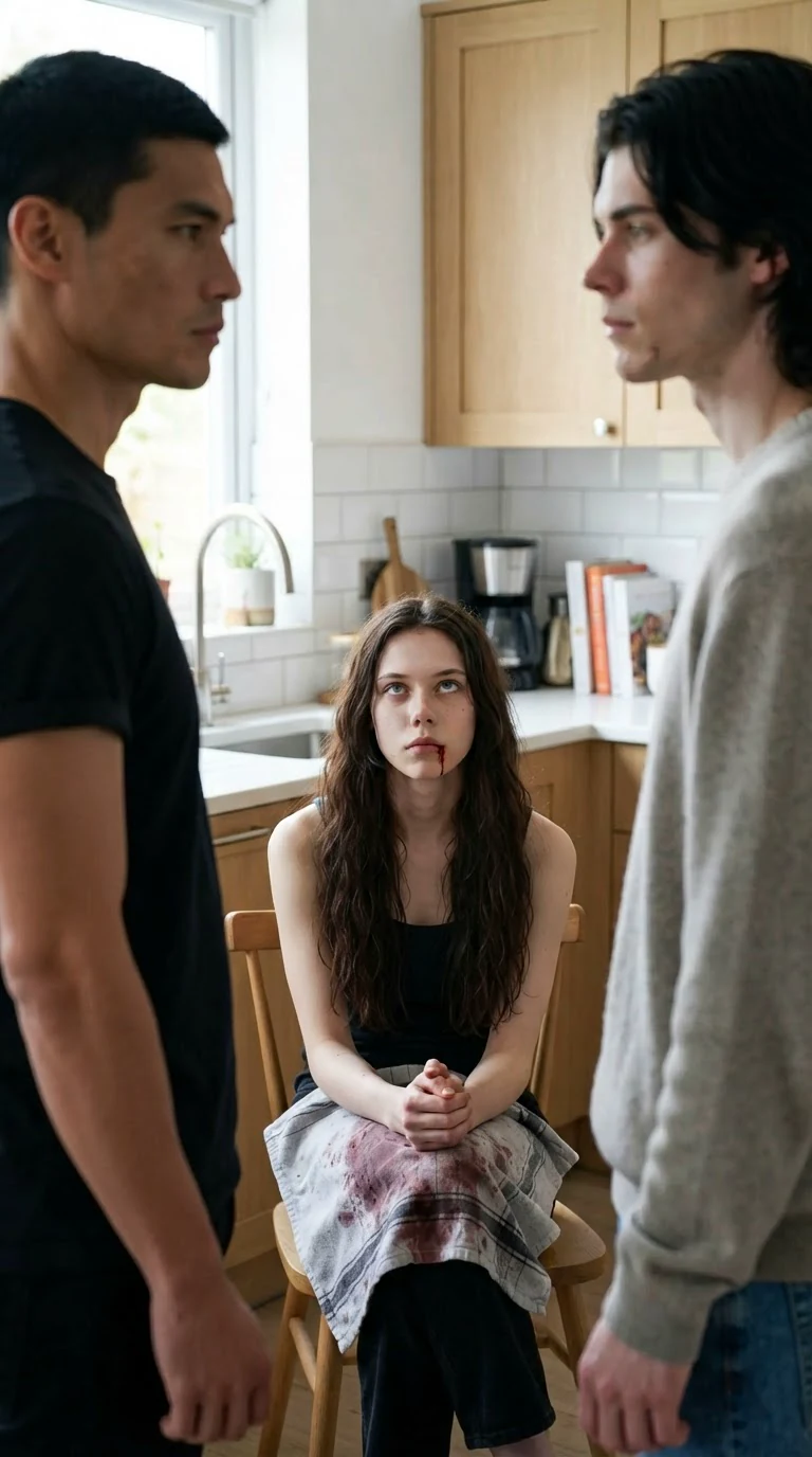 A young woman with a towel at her mouth stares hard at two men across a kitchen.