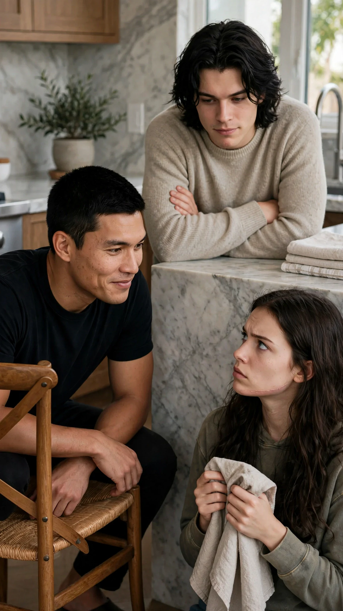 Two men share a look with a young woman in a kitchen, one of them almost smiling.
