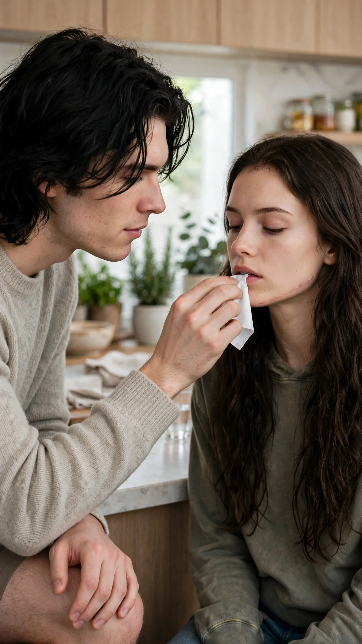 A green-eyed man dabs a young woman's lip with a clean white cloth while she sits very still.