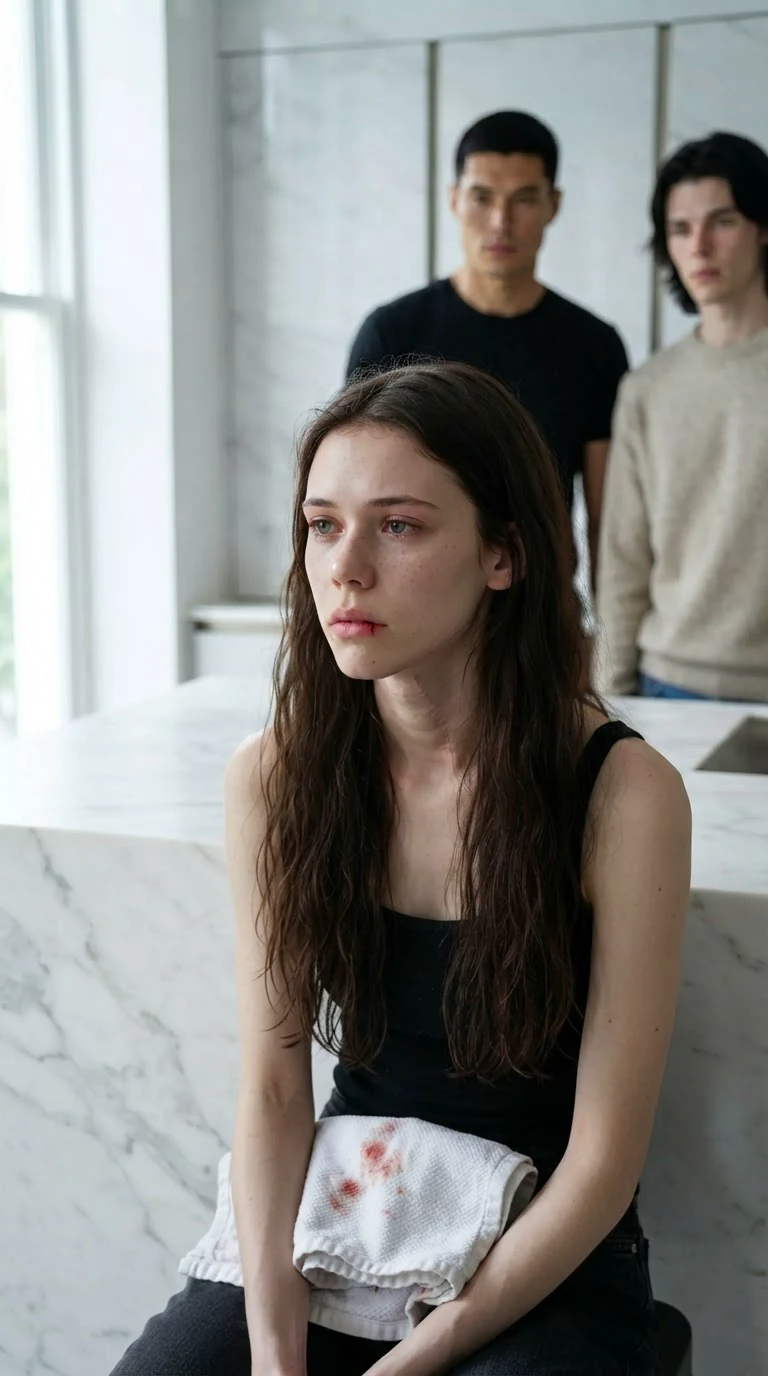A young woman looks toward a bright kitchen window, her jaw tight, a towel folded in her hands.