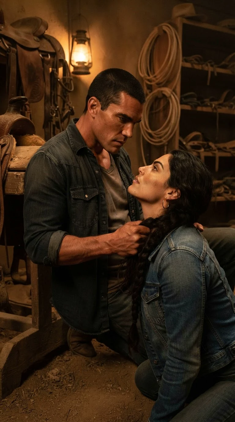 A rugged tanned man leans back against a saddle rack in a tack room while a dark-braided woman kneels before him at hip level, his hand in her hair.