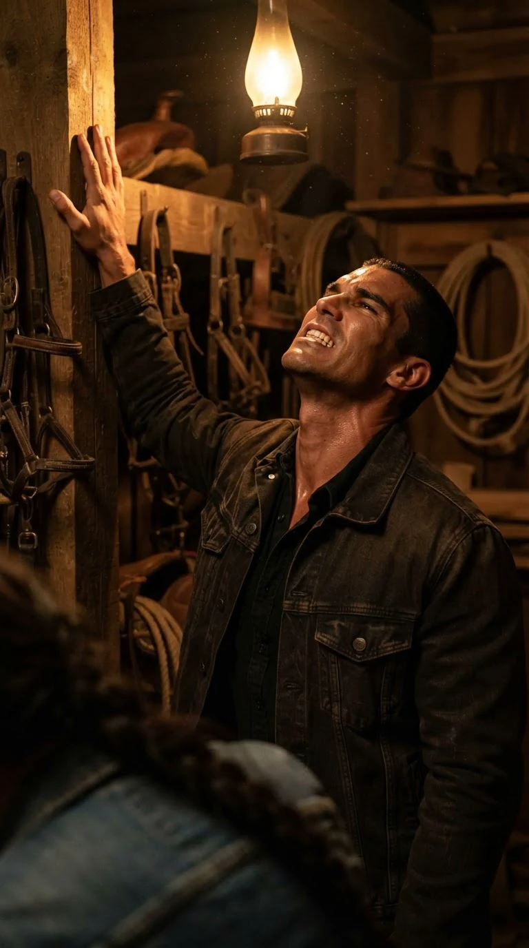 The same man with his head tipped back, jaw tight, one hand flat on a wooden beam, the woman's braid swinging as she works.