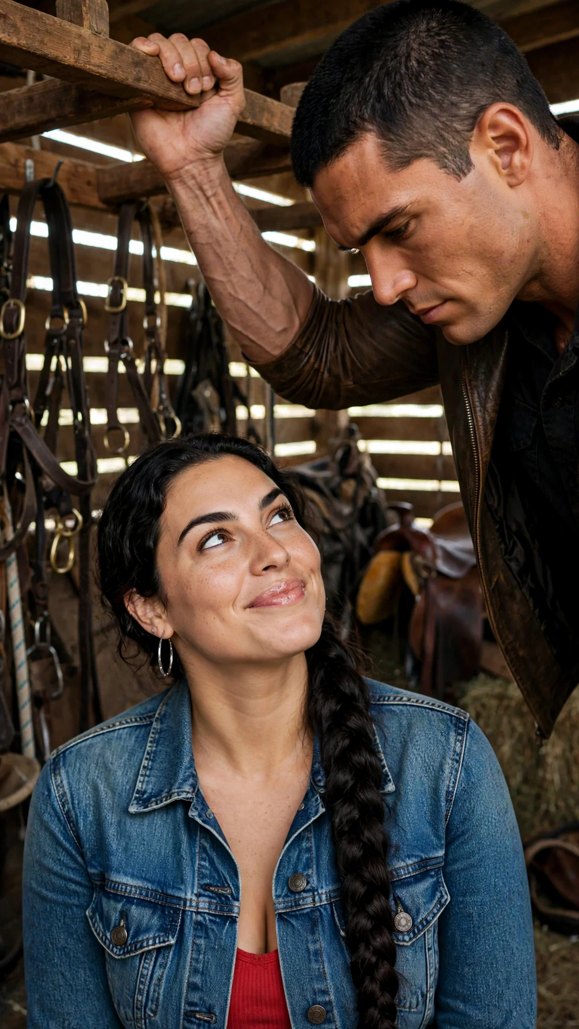 The woman's cool brown eyes glance up with a smirk while the man's knuckles go white around the saddle rack.