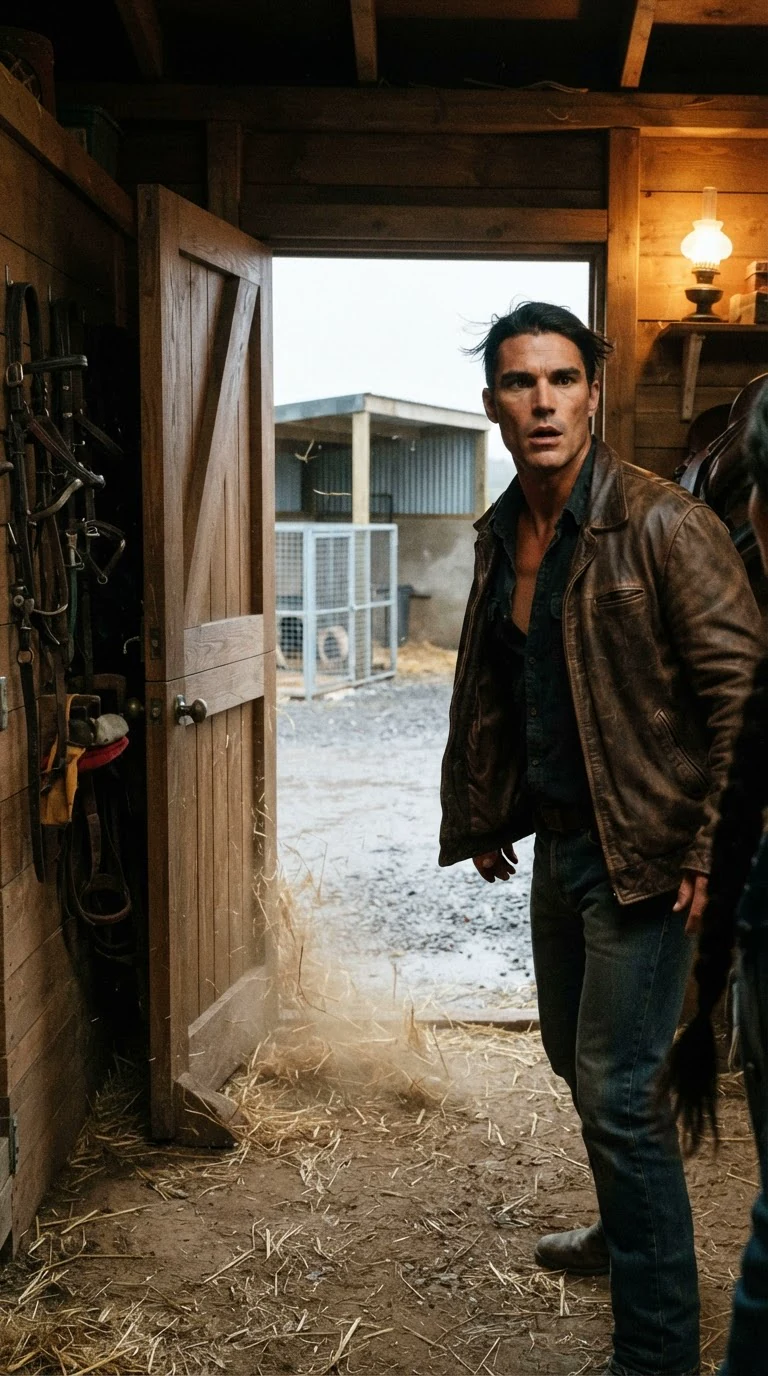 The tack room door bangs wide open onto a grey yard, wind blowing straw across the floor, the man's face snapping toward it.