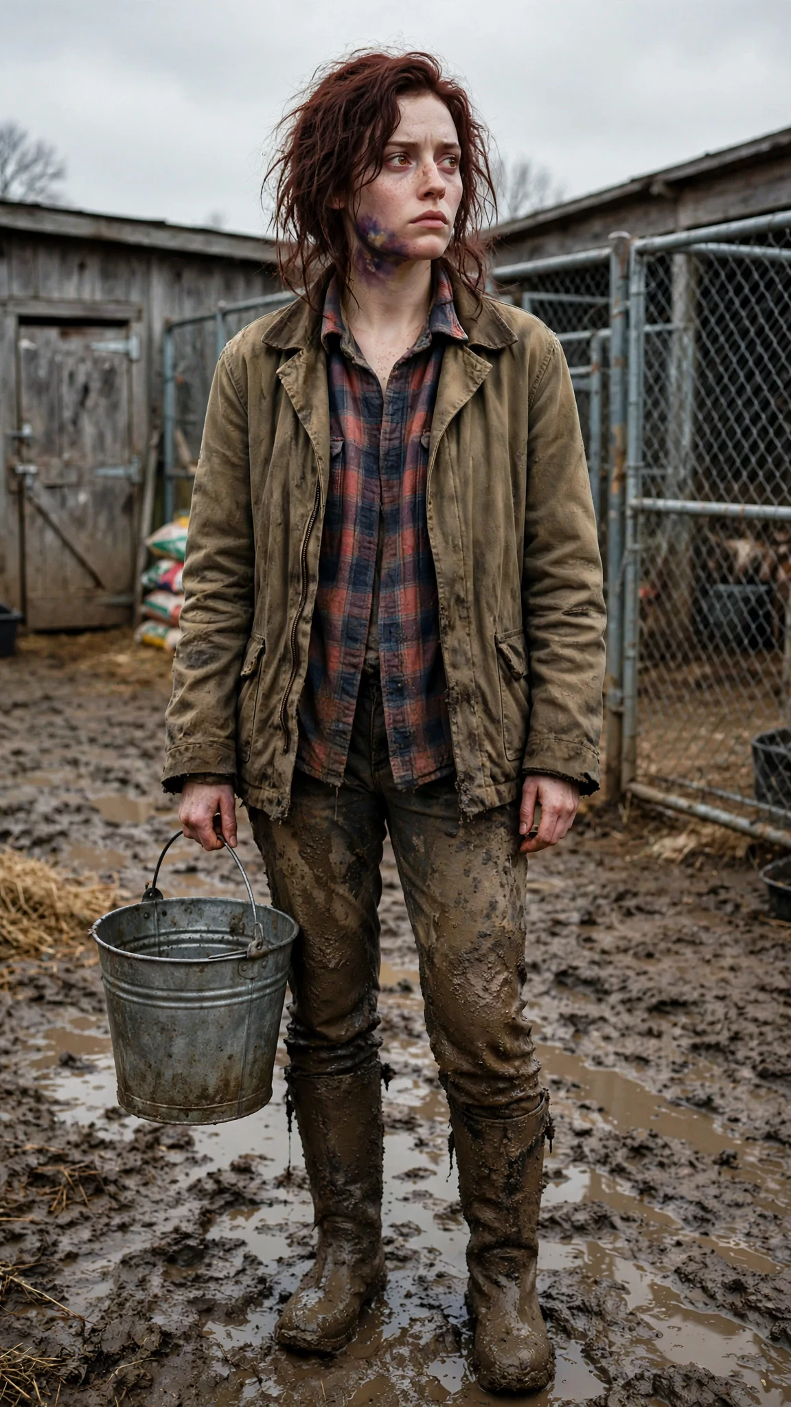 A small pale freckled woman in a muddy canvas jacket stands in the yard holding a bucket, a fresh purple mark on her jaw.