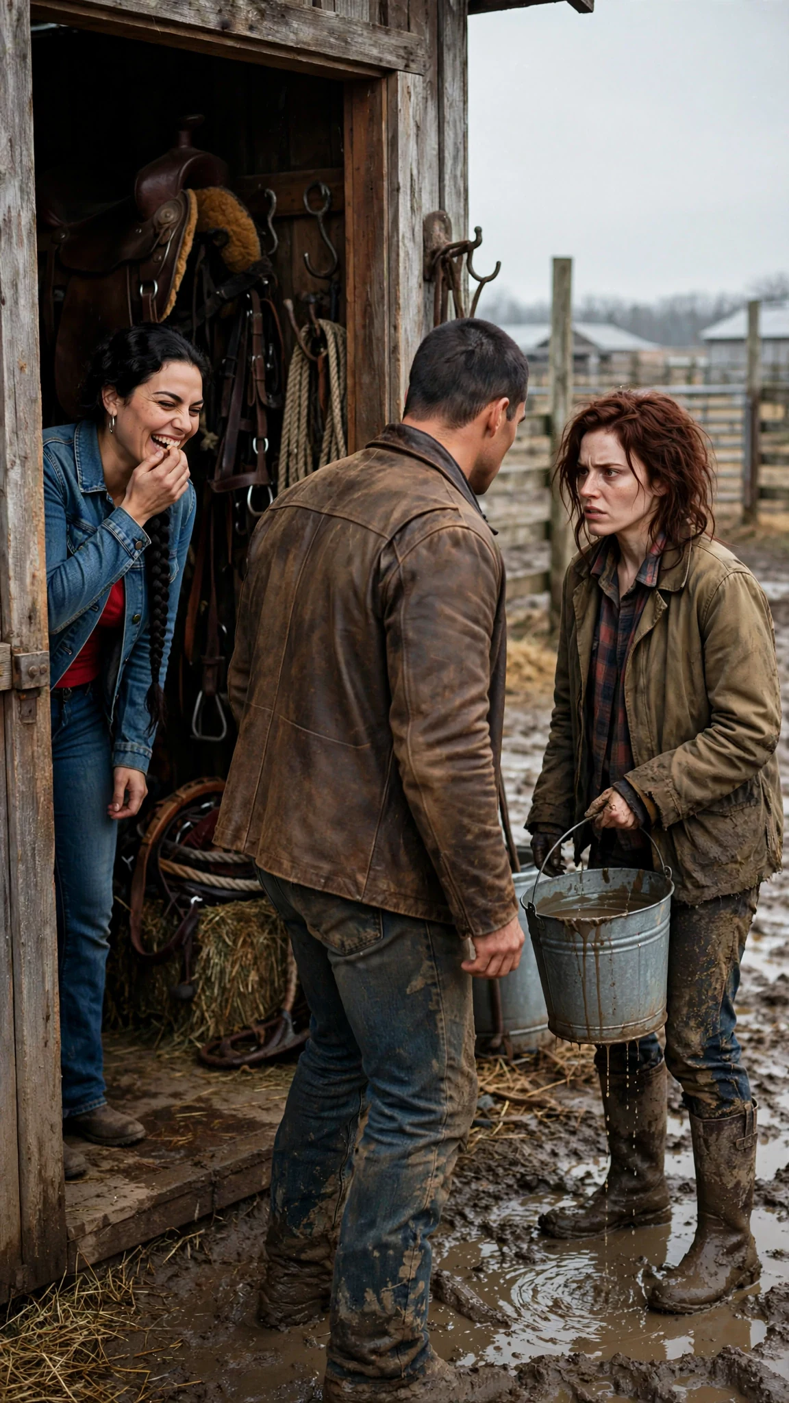 The braided woman wipes her mouth with the back of her hand and laughs at the muddy stranger.
