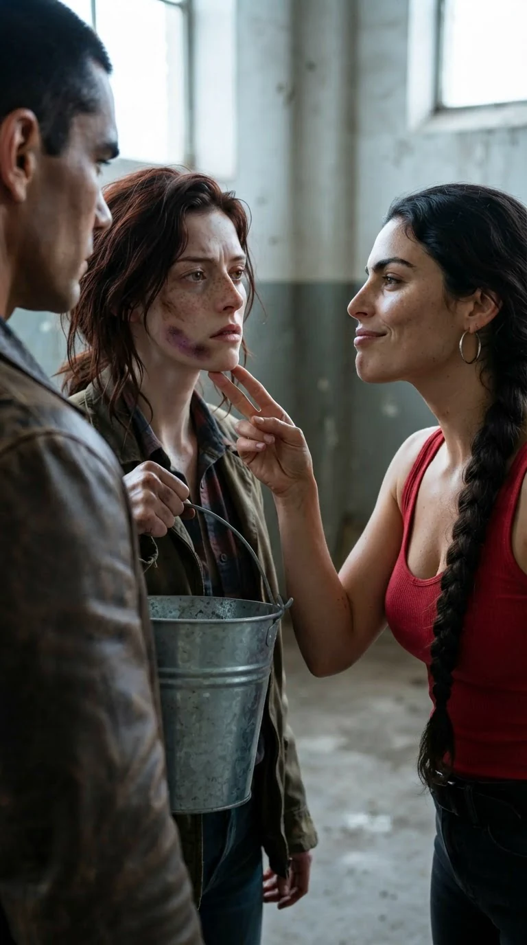 The muddy woman's jaw ticks as she stares straight ahead while the other woman gestures at her face.