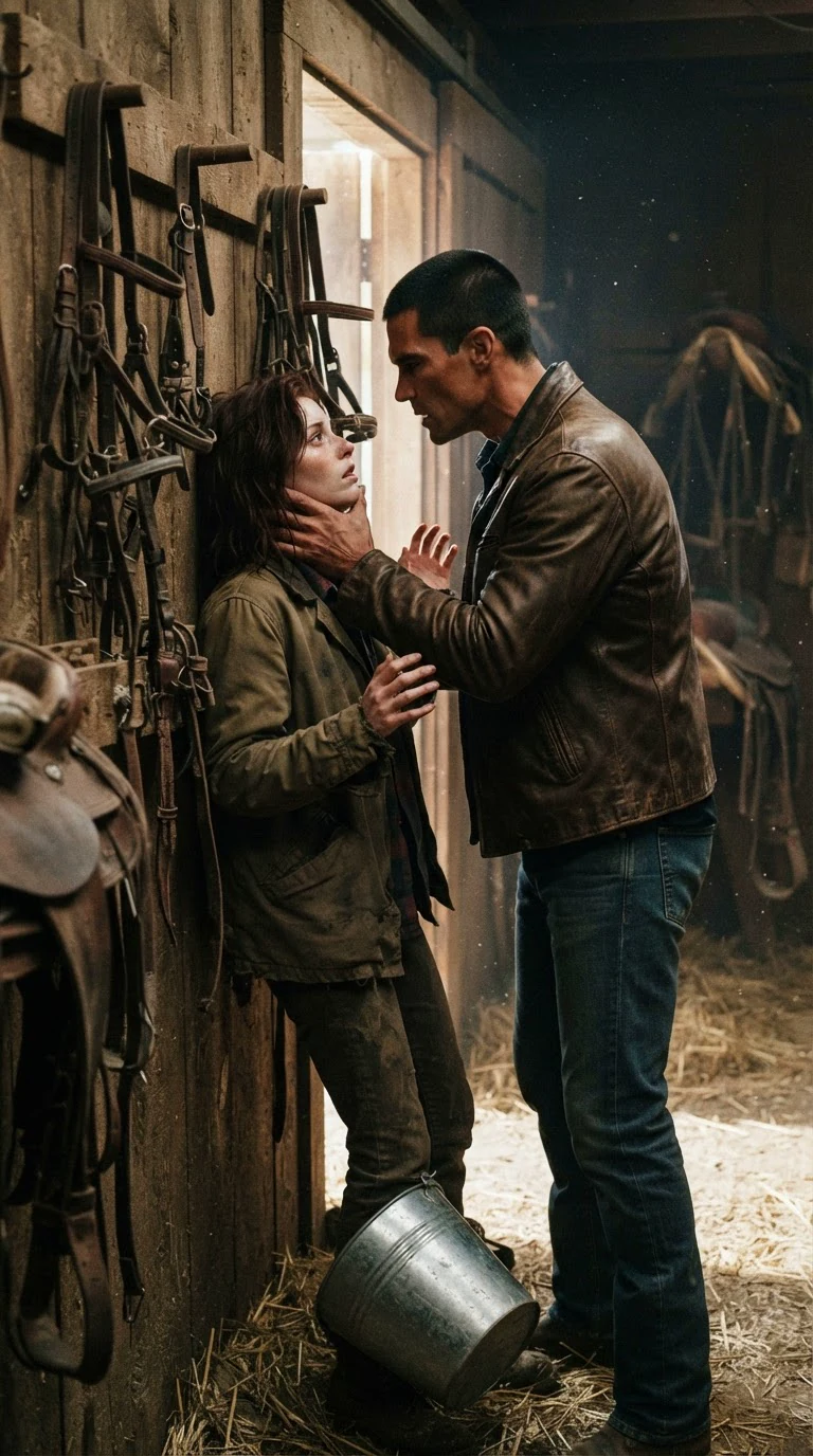 The man pins the small woman against the tack room wall by the chin, his fingers digging in, her face lifted.