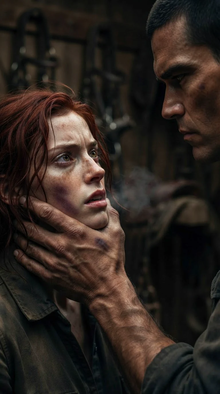 Close on the woman's lifted face, jaw held, her eyes wet and defiant, his thumb pressed into her cheek.