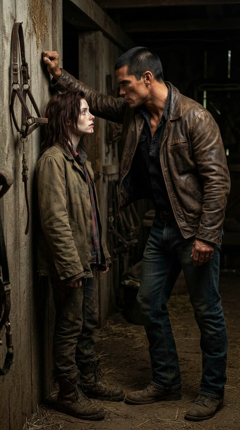 The man stands over the smaller woman, chest heaving, mouth twisted, both still close to the wall.