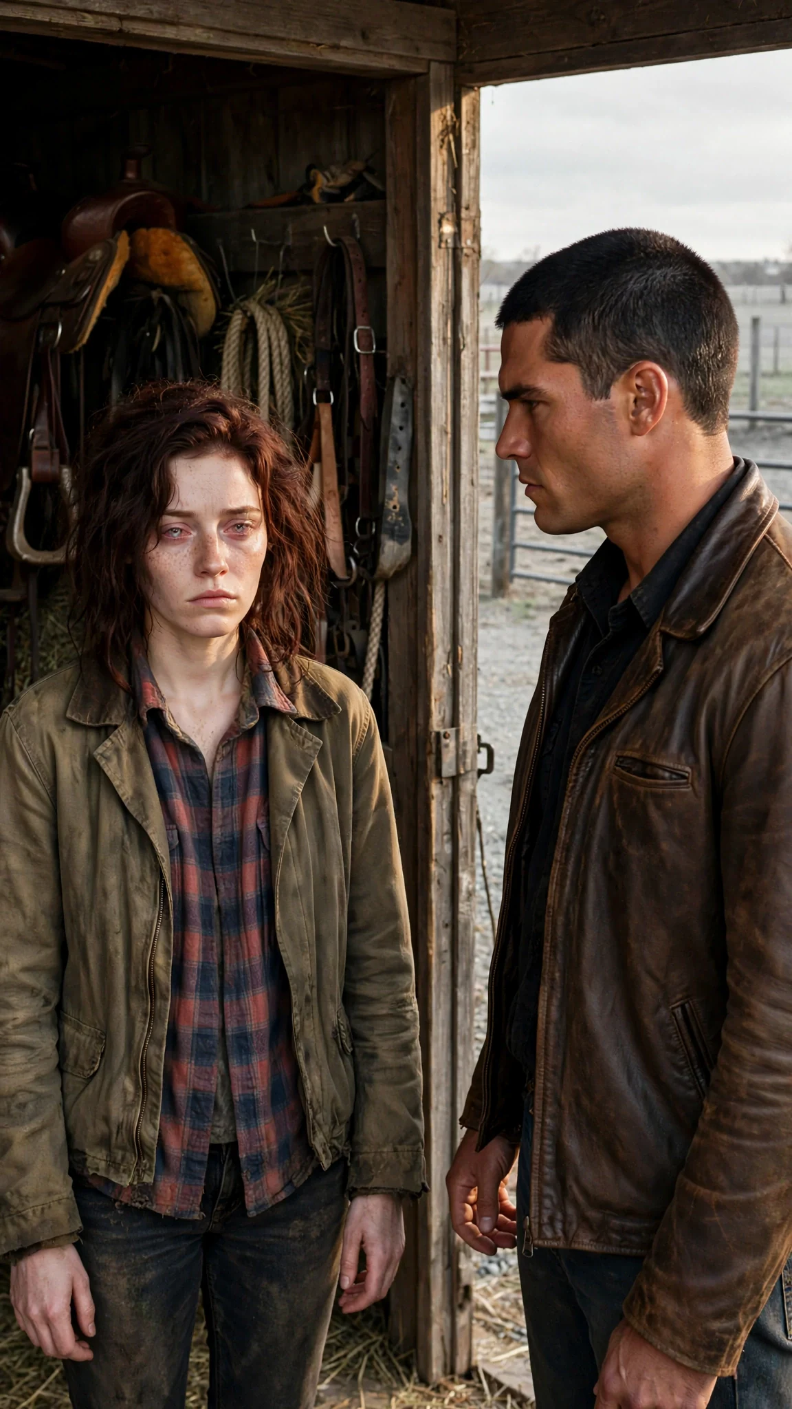 The woman's face closes down, eyes going flat, while the man watches her with a hard expression.