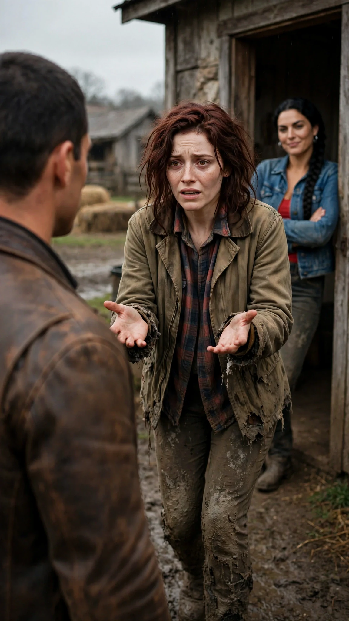 The small woman steps forward, both hands open, pleading, mud on her knees; the braided woman smirks behind her.