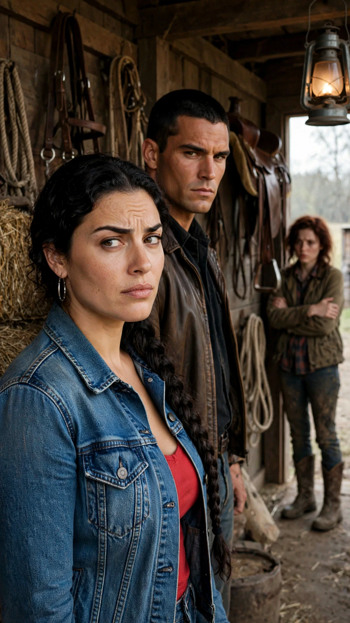 The braided woman pauses in the doorway, one eyebrow raised, studying the man's face.