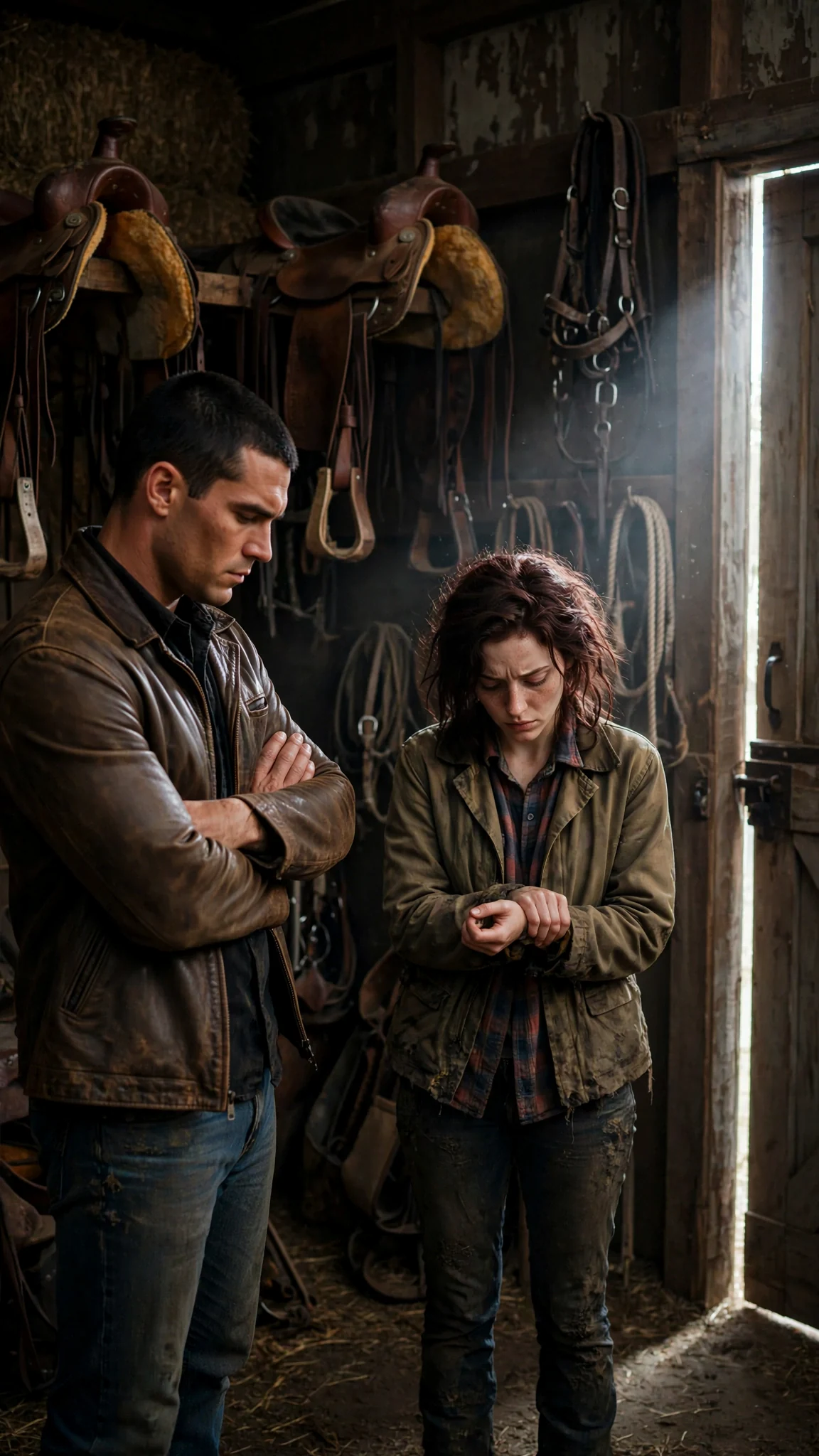 The door swings shut, leaving the man and the muddy woman alone in the dim tack room.