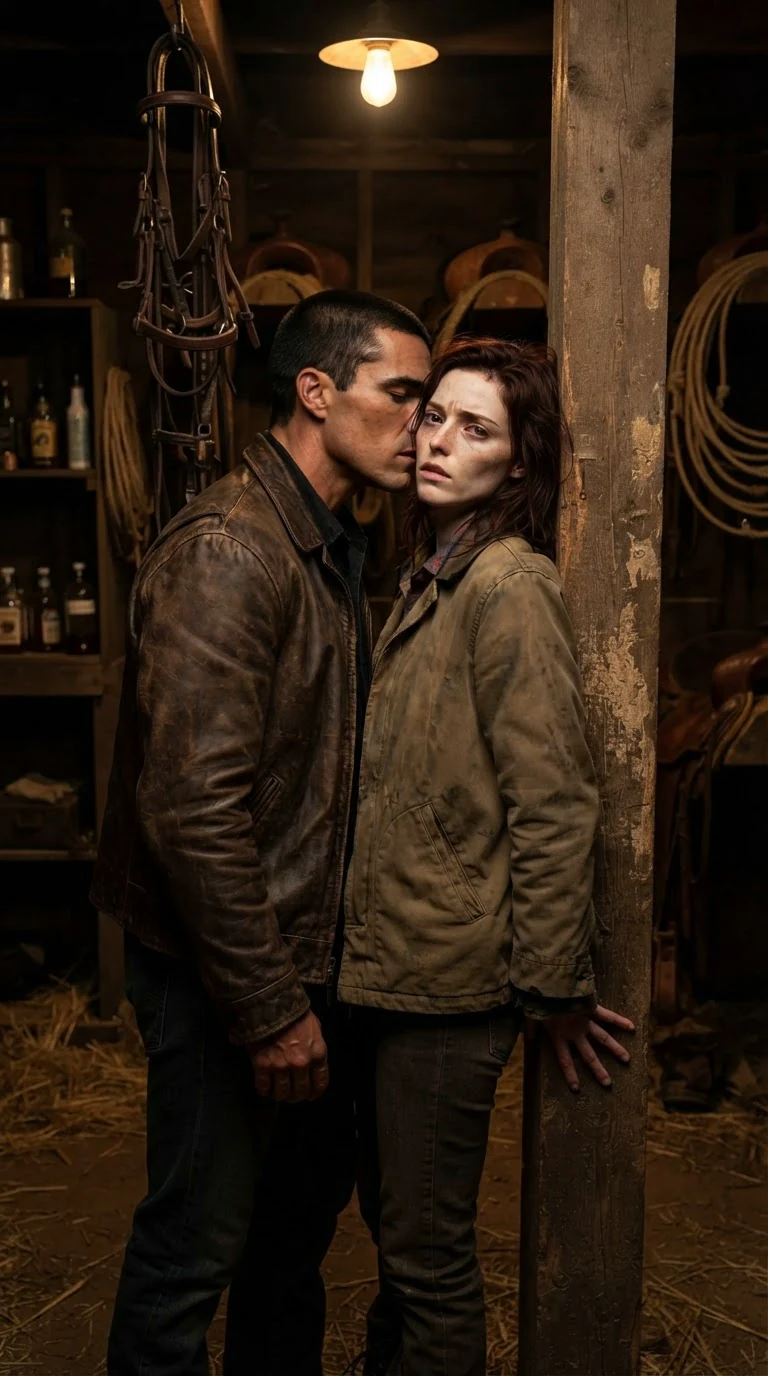 The man leans in, nostrils flared, scenting her, while she stands rigid with her back to a worn wooden post.