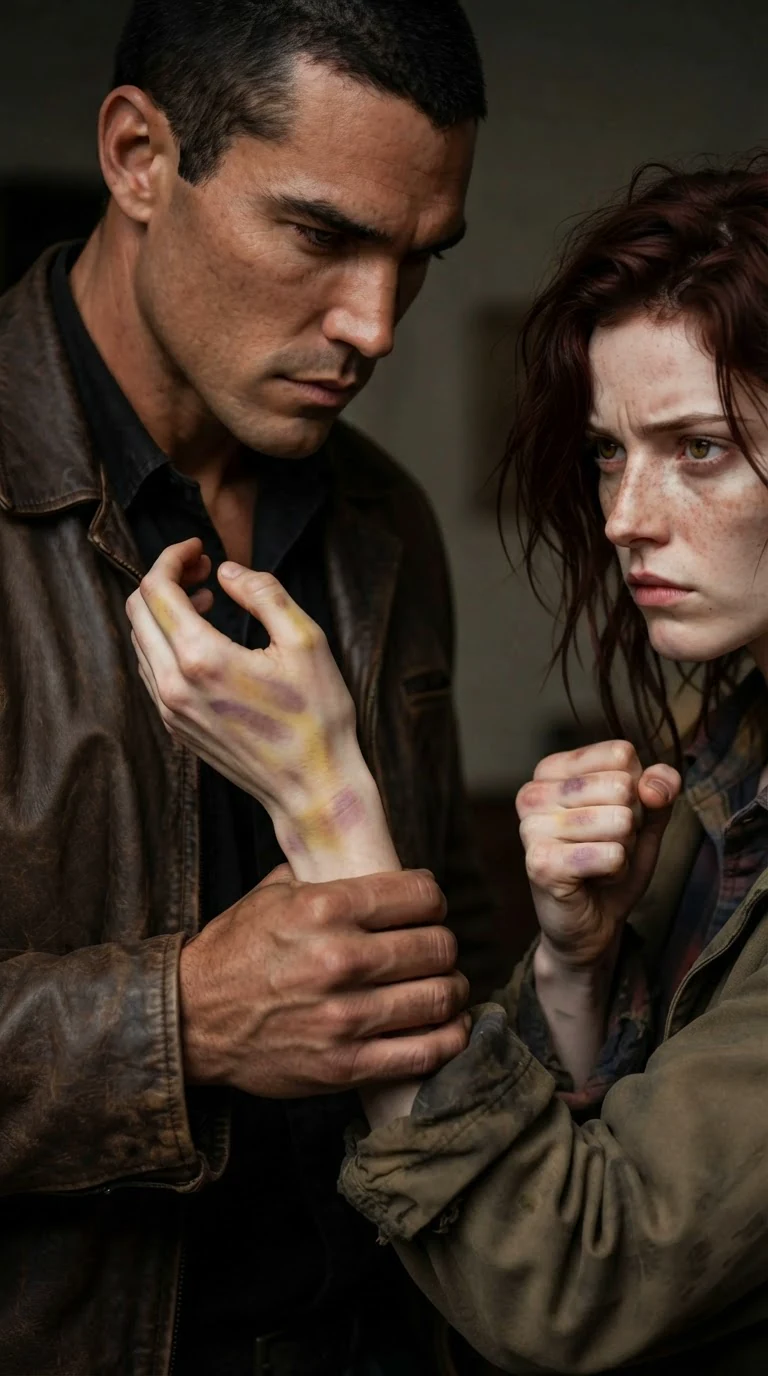 The man grips the woman's wrist and turns it over, old yellow and new purple bruises in the shape of fingers.