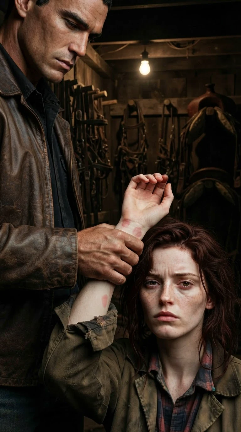 The man releases the woman's wrist and she hugs it to her chest, thumbprints reddening her pale skin.
