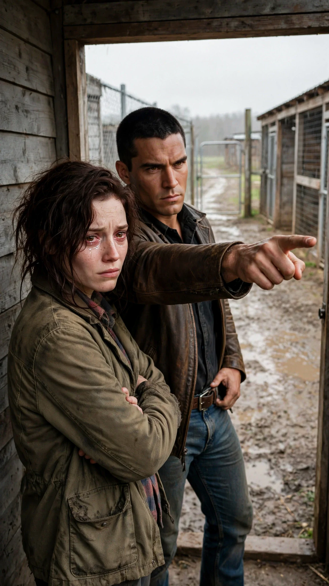 The man points out the open tack room door toward the muddy gate, mouth hard, while the woman stands with her back to it.