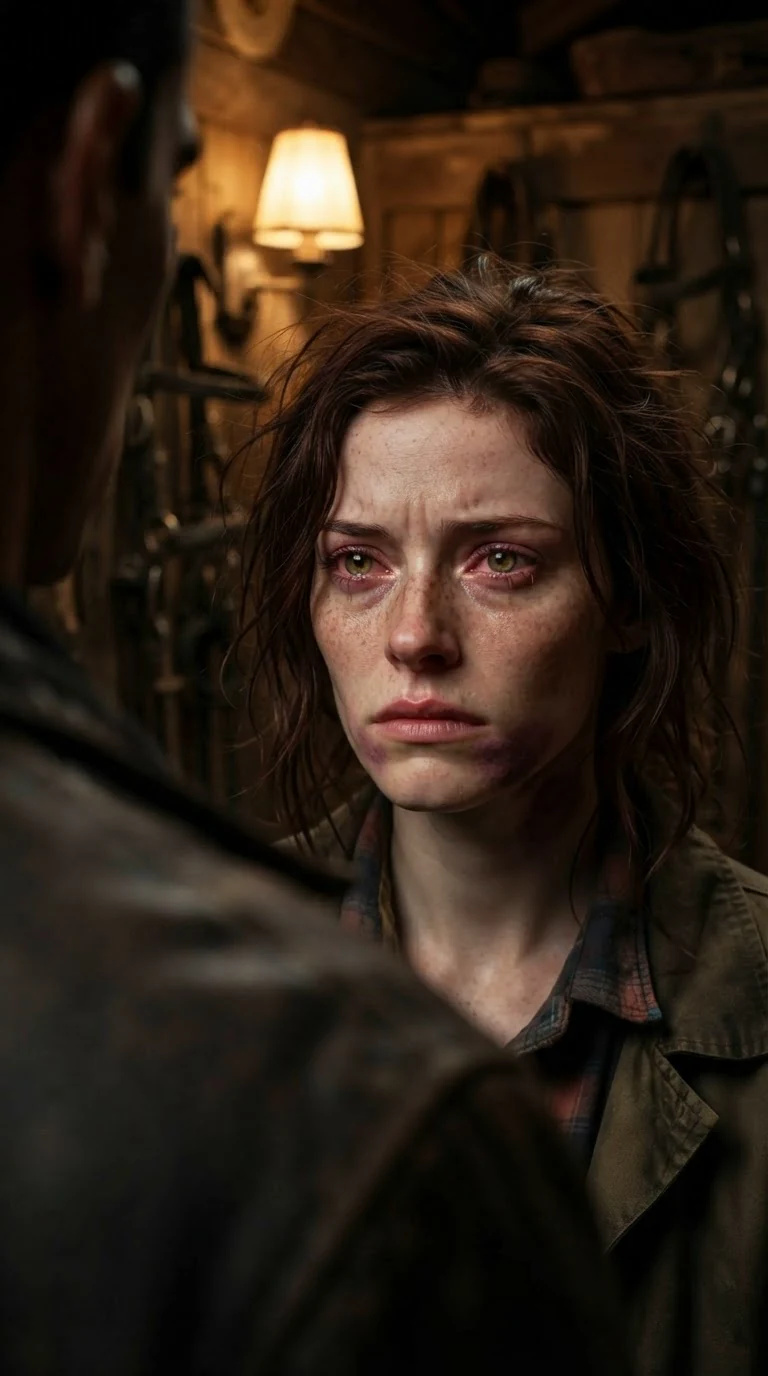 Close on the woman's wet furious eyes as she lifts her chin and nods once at the man.