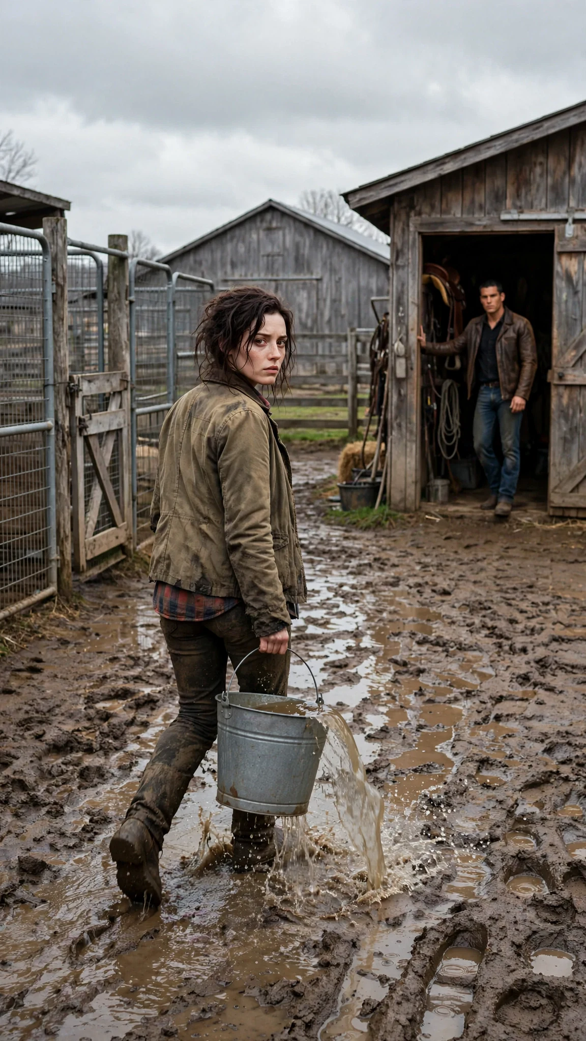 The small muddy woman walks away across the yard as the man stands in the tack room doorway watching, shirt open, hands shaking.