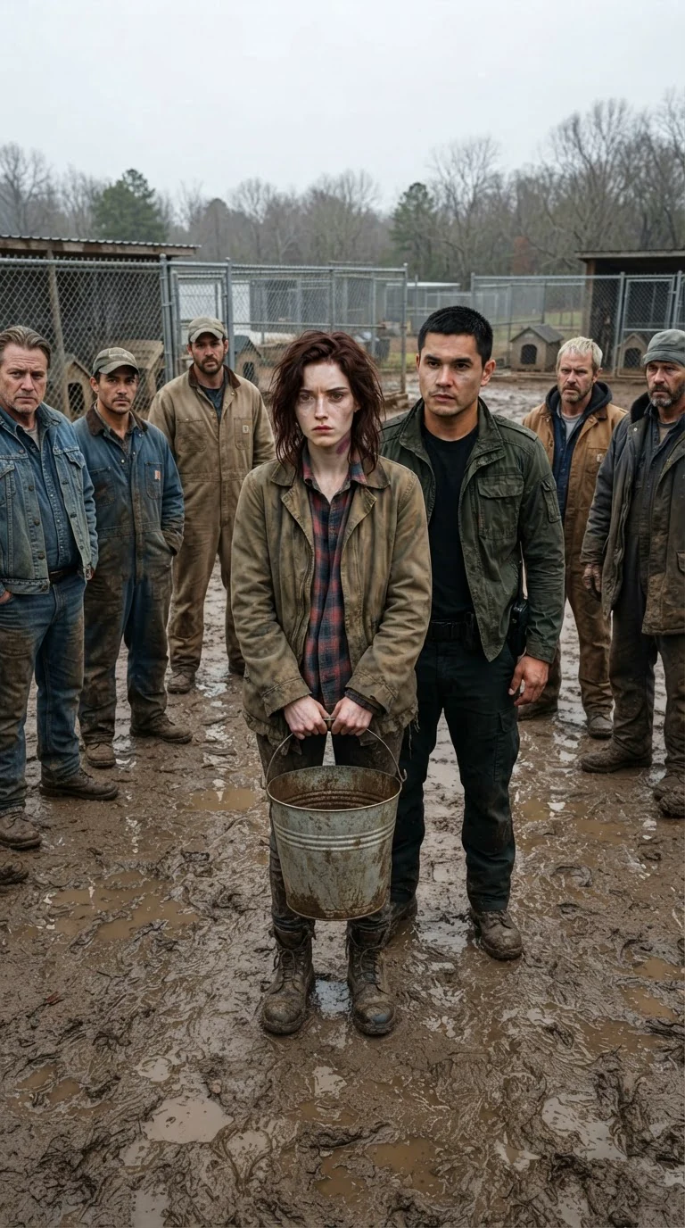A small pale red-haired woman in work clothes stands in a muddy kennel yard while a ring of pack members stare at her.