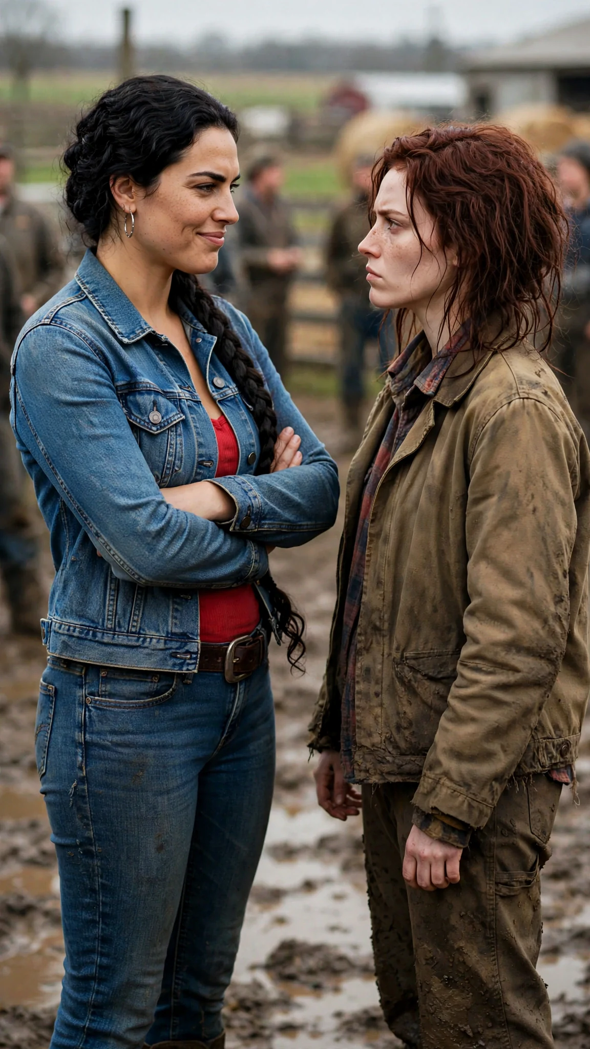 A tall olive-skinned woman in a red tank top smirks at Garnet in the muddy yard.