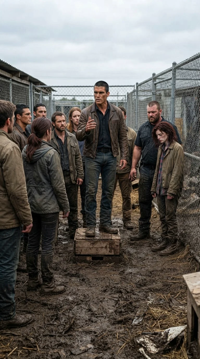 The alpha stands on a crate in the yard and points at Garnet while the pack listens.