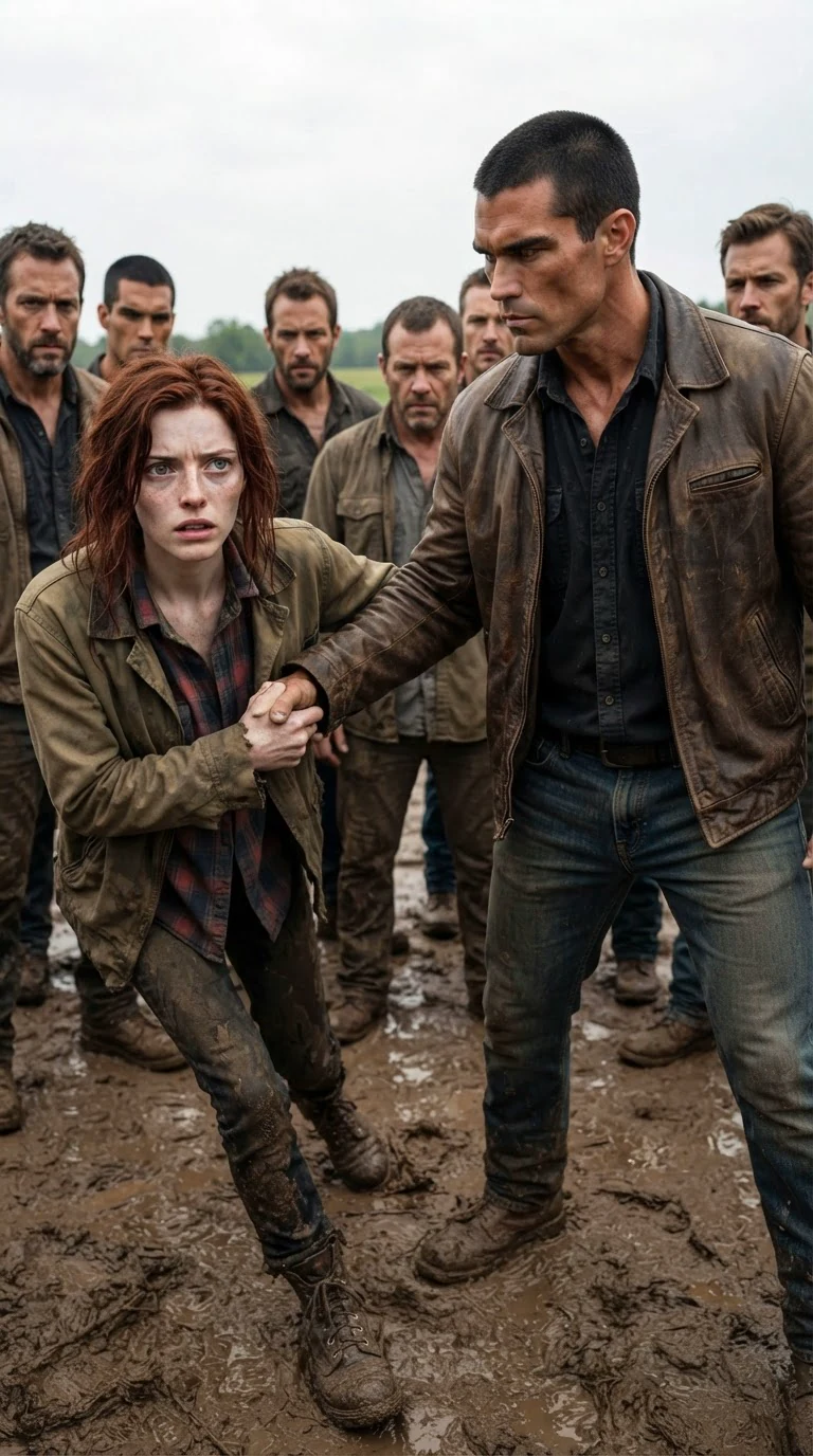 The alpha grips Garnet's arm and pulls her out of the mud in front of the pack.